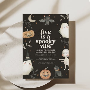Five is a Spooky Vibe Invitation Editable Template, Halloween 5th Birthday Party Invite, Ghosts and Jack-o-lantern Printable Party B103