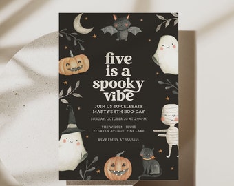 Five is a Spooky Vibe Invitation Editable Template, Halloween 5th Birthday Party Invite, Ghosts and Jack-o-lantern Printable Party B103