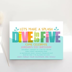 Dive into Five Invitation Template, Editable Pool Party Invite, Rainbow 5th Birthday Invitation, Swim Party Invitation Printable B345