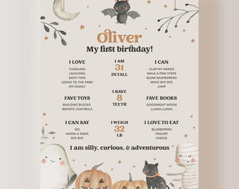 Modelo de Quadro de Aniversário de 1 Ano com Tema de Halloween, Pôster Imprimível Assustador para Comemorar o Primeiro Aniversário B108