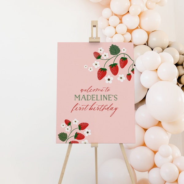 Strawberry Birthday Welcome Sign, Berry 1st Birthday Party Birthday Decorations B379