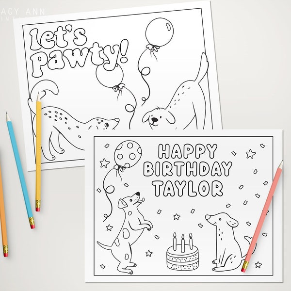 Puppy Dog Coloring Pages Editable, Dog Birthday Activities, Colouring Page Template for Puppy Themed Birthday Party Games Color Sheets B200