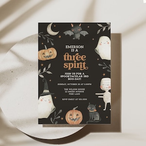 Three Spirit Birthday Invitation Template, Spooky 3rd Birthday Party Invite, Cute Ghosts Halloween Birthday Evite, Third Birthday Boy B103