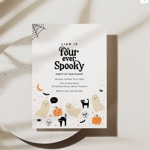 Modello modificabile per invito Four Ever Spooky, invito per festa di compleanno a tema Halloween, invito stampabile per festa di compleanno a tema fantasma per bambini di 4 anni, invito minimalista B141
