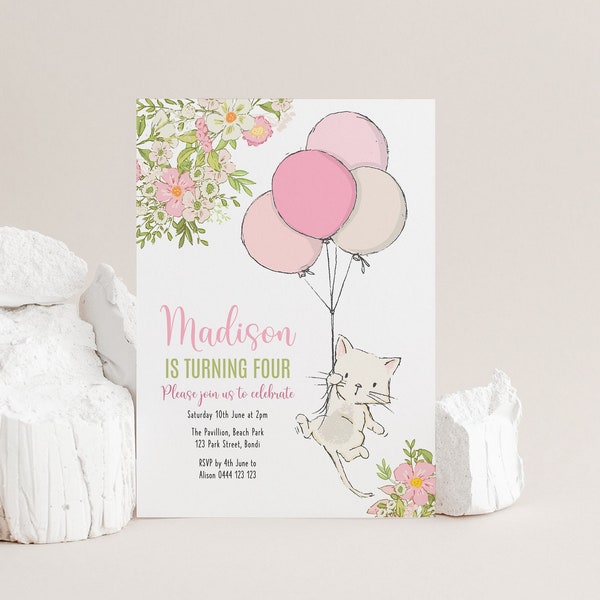 Cat Birthday Party Invitation | Kitty Theme Birthday Invite Template | Editable Party Invitation | Printable Digital Instant Download 8304