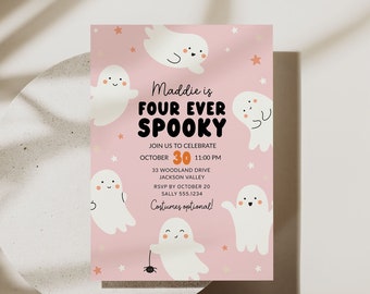 Four Ever Spooky Invitation, Editable Girl 4th Birthday Party, Pink Halloween Birthday October, Cute Ghost Halloween Party B082