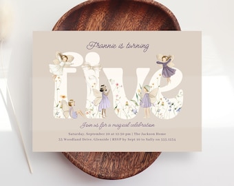 Fairy 5th Birthday Invitation, Girl Fifth Birthday Party Invite B338