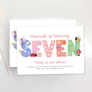 Girl 7th Birthday Invitation, Spring Flower Seventh Birthday Party Invite, Garden Party Invitation Template Printable Minimalist B378