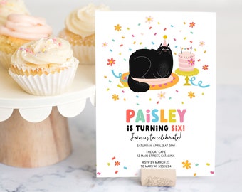 Birthday Invitation Cat Party Invitation for Girl Birthday Printable Party Invite Rainbow Black Cat Invitation Kitten Birthday Template 8346