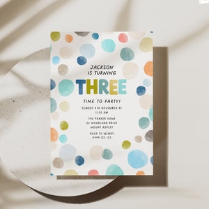 Polka Dot Third Birthday Invitation Template Watercolor Spots Boy 3rd Birthday Invite Editable Party Invitation Printable Minimalist 8316