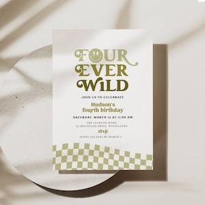 Four Ever Wild Invitation Boy 4th Birthday Party Invite Retro Smiley Face Printable Editable Template Groovy Birthday B038