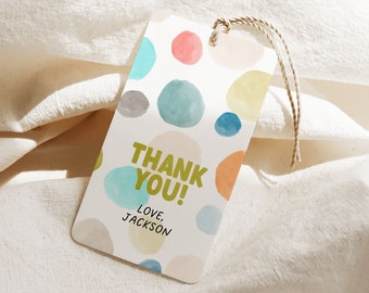 Polka Dot Favor Tag Template Printable Boy Birthday Decorations Editable Thank You Tags Watercolor Party Decor Blue and Green 8316