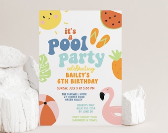 Pool Party Invitation Editable Birthday Invite for Pool Party Template Summer 6th Birthday Party Printable Invitation Instant Download 8352