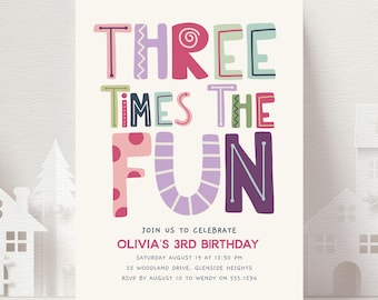 Three Times the Fun Invitation, Colorful Girl 3rd Birthday Party Invite Template C213