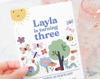 Summer Garden Birthday Party Invitation, Editable Spring Bug Birthday Invite Template B628