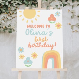 Cartello di benvenuto arcobaleno per il primo compleanno, poster di benvenuto pastello modificabile per la festa del primo compleanno, modello stampabile, decorazioni estive per il compleanno 8362