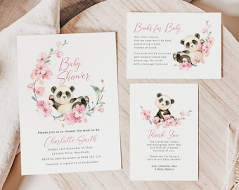 Panda Baby Shower Invitation Suite, Editable Blossom Baby Shower Bundle, Printable Books For Baby, Thank You Card Template Download 4210