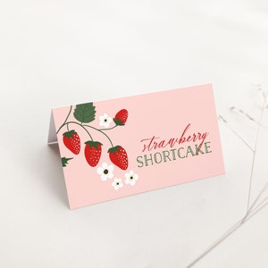 Étiquettes de nourriture aux fraises, carte de buffet de 1er anniversaire de baies, modèle de marque-place minimaliste fraises, imprimable anniversaire fille décoration B379