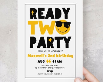Ready Two Party Invitation, Retro Boy 2nd Birthday Party Invitation Template B375