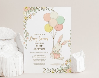 Invitation Bunny Baby Shower Editable Template for Baby Sprinkle Invite Printable Pastel Balloon and Bunny Themed Shower Decor 4187