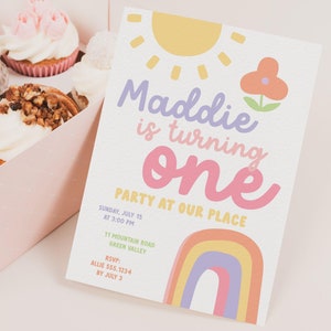 Pastel 1st Birthday Invitation. Girl first Birthday Party Invitation, Editable Template Rainbow First Birthday Invite  8361