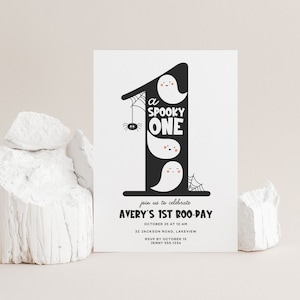 Spooky One Birthday Invitation Editable Cute Ghost 1st Birthday Party Invite Template Printable Minimalist Halloween Decor B101