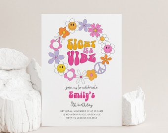 Eight is a Vibe Party Invitation Printable Girl 8th Birthday Invite Template Groovy Flower Theme for Eight Year Old Bday Decor B050