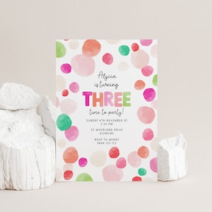 Modern 3rd Birthday Invitation | Editable Printable Girl Birthday Party Invitation Template | Pink Dots Third Birthday Digital Invite 8315