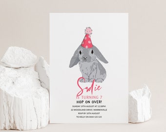 Birthday Invitation Bunny Birthday Party Editable Template Grey Bunny in Hat Change Colours on the Party Hat Printable Instant Download 8166