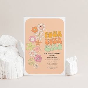 Four Ever Wild Invitation, Girl 4th Birthday Party Invitation, Groovy Editable Invite, Retro Four Year Old Groovy Invitation Template B035