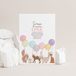 Cat 1st Birthday Invitation Template, Editable Pastel Kitten Party Invite, Girl First Birthday Balloon Invitation Printable 8140