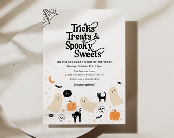 Halloween Party Invitation Editable Template, Minimalist Halloween Invite, Printable Tricks Treats and Spooky Sweets Invitation Ghosts B141