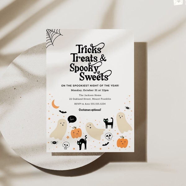 Halloween Party Invitation Editable Template, Minimalist Halloween Invite, Printable Tricks Treats and Spooky Sweets Invitation Ghosts B141