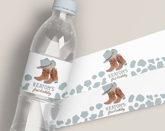 Western 1st Birthday Bottle Label Template, My First Rodeo Water Bottle Wrapper, Boy 1st Birthday Decor Wild West Themed Cowboy Boots B385