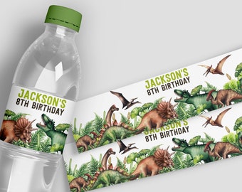 Dinosaur Water Bottle Wrappers, Dinosaur Birthday Party, Jurassic Party, Dino Paper Ribbons, Printable Water Bottle Labels, Custom - 1703