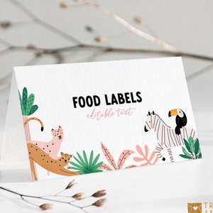 Jungle Food Labels, Pink Jungle 1st Birthday Party Food Label Template, Editable Printable Safari Party Place Cards Buffet Card 8323