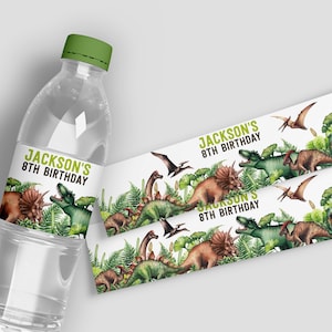 Könnte beinhalten: Wasserflaschenetikett mit Dinosaurier-Motiv. Das Etikett ist weiß mit grünen und braunen Aquarell-Dinosauriern und Pflanzen. Der Text auf dem Etikett lautet "Jackson's 8th Birthday".