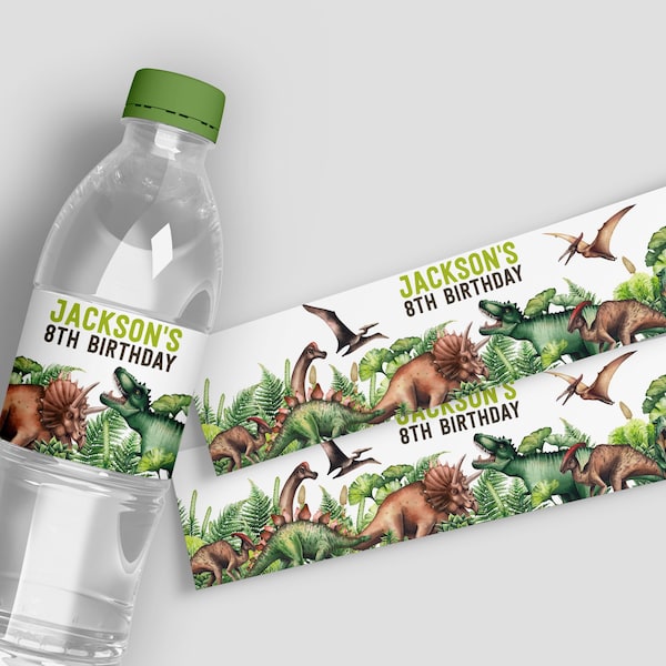 Dinosaur Water Bottle Wrappers, Dinosaur Birthday Party, Jurassic Party, Dino Paper Ribbons, Printable Water Bottle Labels, Custom - 1703