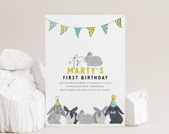 Rabbit Birthday Invitation | Editable Bunny Birthday Invite Template | Bunnies Birthday Bunting Printable Invitation | Instant Download 8164