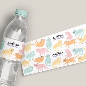 Cat Water Bottle Wrappers for Girl 5th Birthday Party Pastel Cats Party Decorations Editable Water Bottle Label Template Printable Cat 8351