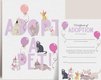 Adopt a Pet Sign and Certificate, Printable Kids Cats and Dogs Birthday Party Game B943