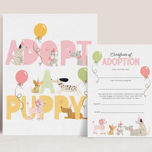 Adopt a Puppy Sign and Adoption Certificate, Dog Birthday Printable Party Games, Girl Birthday Decorations Digital Download B986