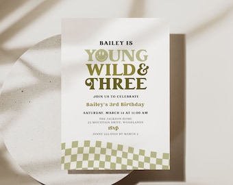 Wild and Three Invitation, Checkered Boy 3rd Birthday Party Invite Template B038