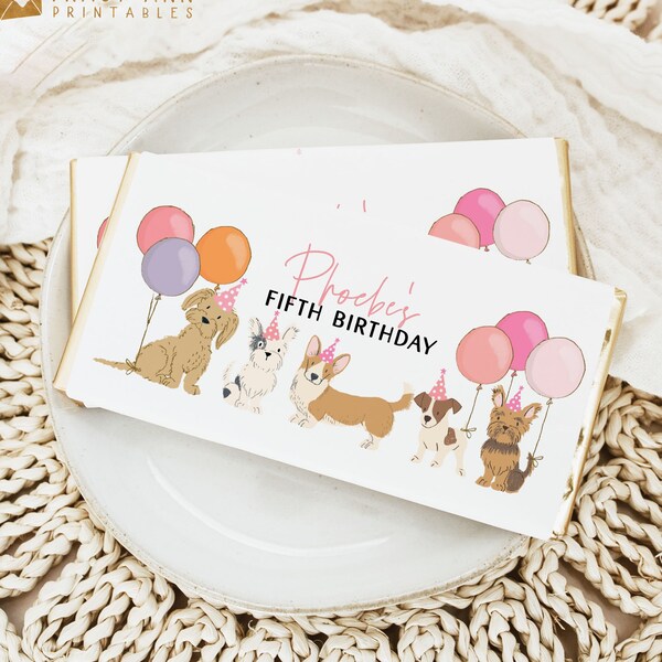 Puppy Chocolate Label Template Editable Dog Birthday Party Decor für 5 Jahre altes Mädchen Pink Puppies Ballons Printable Choc Wrapper 8130