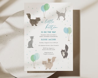 Cat Baby Shower Invitation Template, Kitten Baby Shower Invite Printable, Minimalist Baby Sprinkle Invitation for Cat Lovers B132