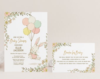Baby Shower Invitation Bunny Editable Printable Shower Invite Suite Template Pastel Bunnies and Balloons Books for Baby Card 4187