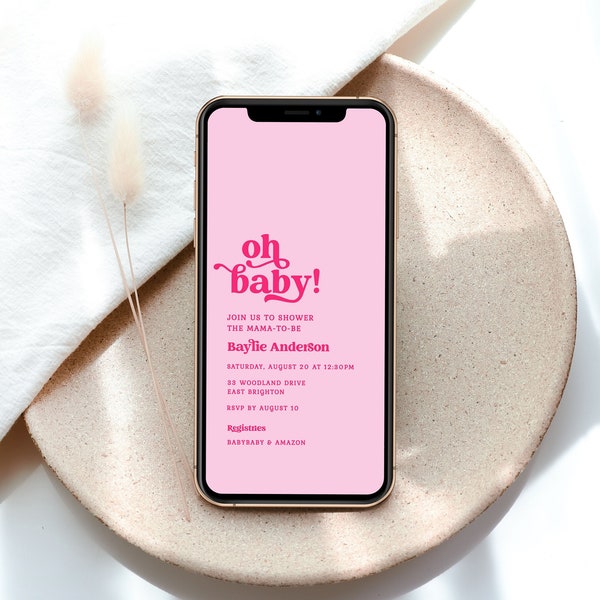 Retro Phone Invitation for Baby Shower Hot Pink Evite Template Editable Baby Sprinkle Minimalist Invite Text Message Instant Download S013