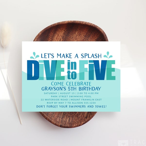 Dive into Five Invitation Template, Summer Pool Party Invite, Boy Pool Party Invitation Editable, Printable  B345