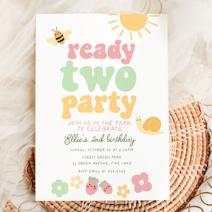 Ready Two Party Invitation Template, Girl Spring Garden Party 2nd Birthday Invite B138