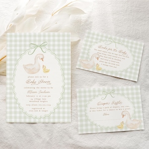 Gans-Babyparty-Einladungs-Reihe, salbeigrüne Babyparty-einladen, Mutter und Baby-Gans-Gänsegeschlechtsneutrale Babyparty-Einladungs-Vorlage B868